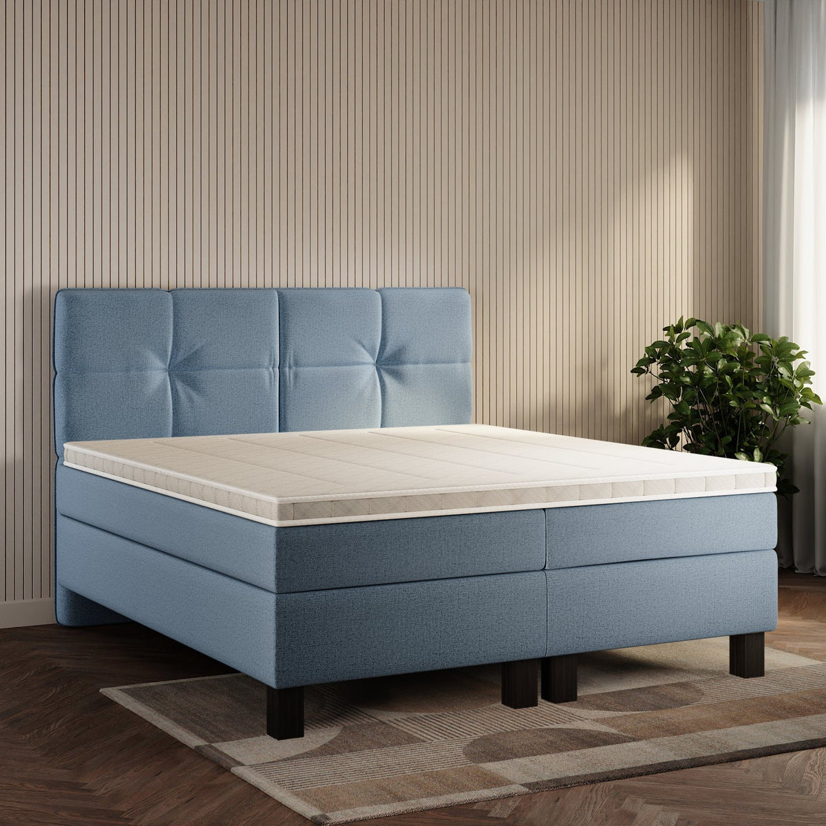 koami Boxspringbett Lumi in Grober Stoff Blau